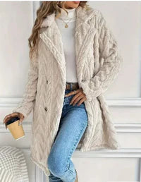 Houndstooth Pattern Fleece Coat: Cream