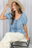 Puff Short Sleeve Ruffle Details Chambray Top