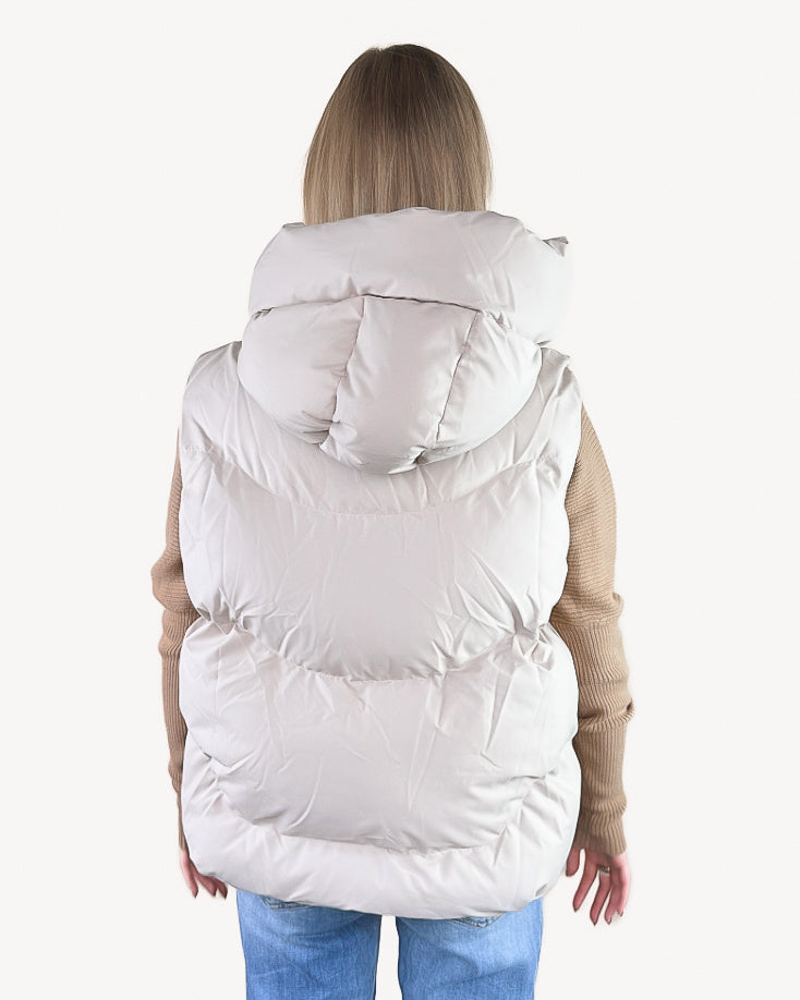 Zipper Down Puffer Hooded Vest - Mushroom