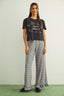 Crinkled Gingham Printed Pants With Ruffle Hem: Black
