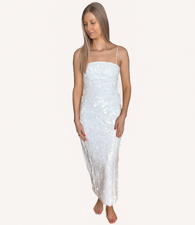Mix Sequins Spaghetti Strap Back Slit Midi Dress - White