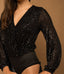 Long Sleeve Sequin Wrap Bodysuit - Black