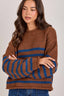 LOOSE FIT STRIPE FALL CREW NECK SWEATER TOP: BROWN/BLUE