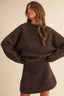 LONG SLEEVE SWEATER TOP AND FLARED MINI SKIRT SET: DK BROWN