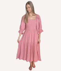 Floral Embroidery Puff Sleeve Maxi Dress - Deep Rose