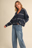 STRIPED BUTTON DOWN  KNIT CARDIGAN: NAVY
