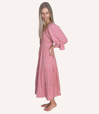 Floral Embroidery Puff Sleeve Maxi Dress - Deep Rose