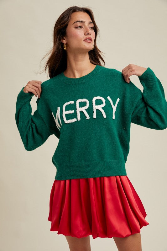 'merry' Fluffy Patch Sweater: Green