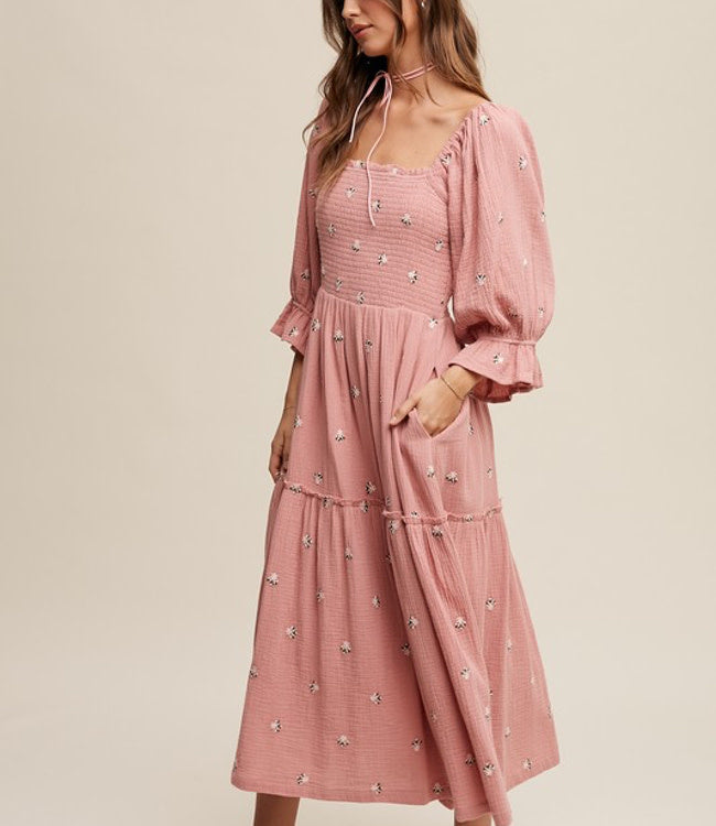 Floral Embroidery Puff Sleeve Maxi Dress - Deep Rose