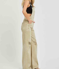 Front Patch Wide Leg Overalls - Khaki