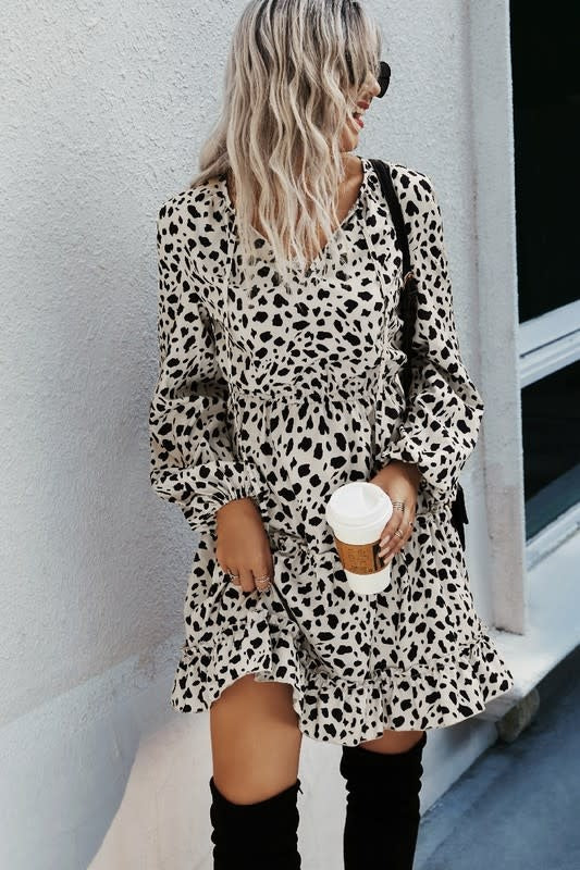 Leopard V Neck Long Sleeves Dress - Beige