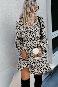 Leopard V Neck Long Sleeves Dress - Beige