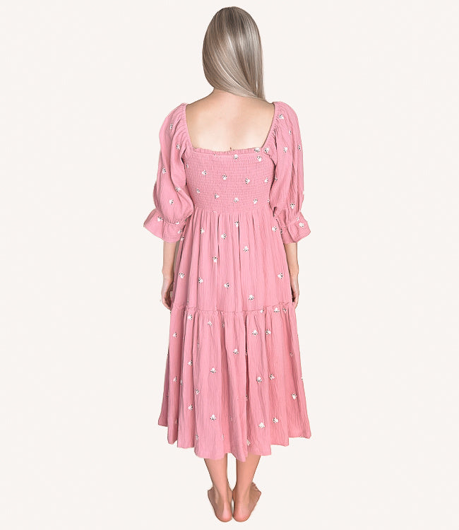 Floral Embroidery Puff Sleeve Maxi Dress - Deep Rose