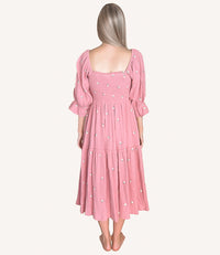Floral Embroidery Puff Sleeve Maxi Dress - Deep Rose