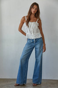 Woven Cotton Eyelet Button Down Square Neck Top: White