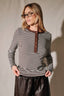 Striped Contrast Trim Henley Long Sleeve Top: BROWN-H GREY
