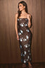 SPAGHETTI STRAP FOLD DETAIL BIAS MIDI DRESS: BROWN-LT BLUE FLORAL