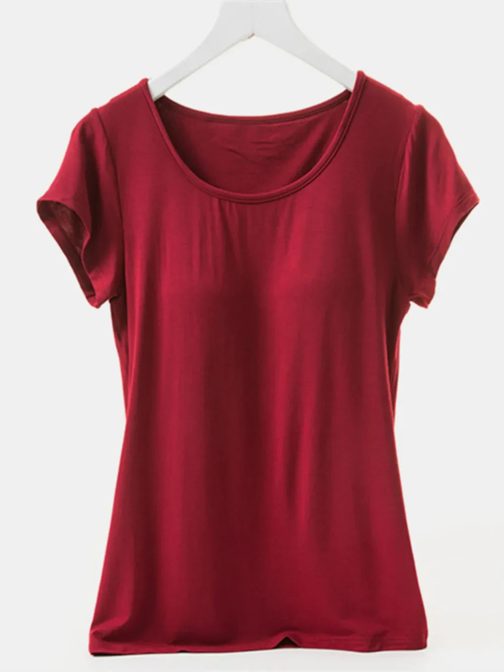 Round Neck Short Sleeve T-Shirt with Bra: Burgundy