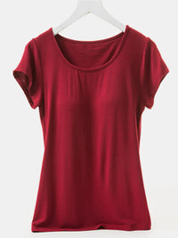 Round Neck Short Sleeve T-Shirt with Bra: Burgundy