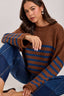 LOOSE FIT STRIPE FALL CREW NECK SWEATER TOP: BROWN/BLUE