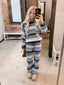 CREW NECK MULTI STRIPE SWEATER: BROWN-MULTI STRIPE