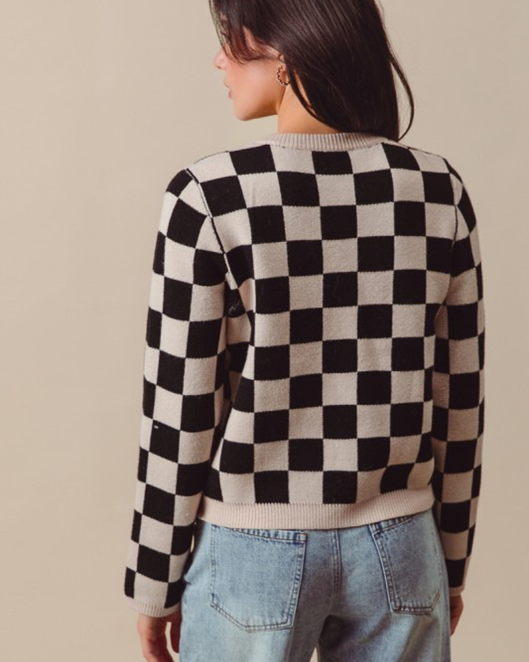 Tie Front Checkered Knit Cardigan