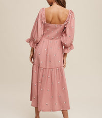Floral Embroidery Puff Sleeve Maxi Dress - Deep Rose