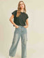 Round Neck Cuffed Sleeve Tee - Black