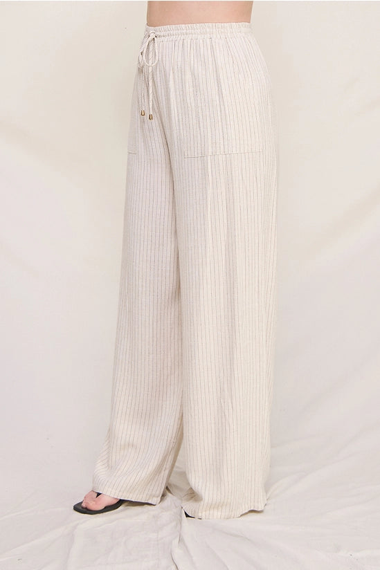 Curvy Size Striped Linen Smock Waist Pants: Natural