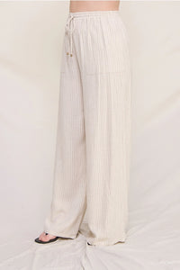 Curvy Size Striped Linen Smock Waist Pants: Natural