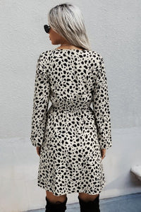 Leopard V Neck Long Sleeves Dress - Beige