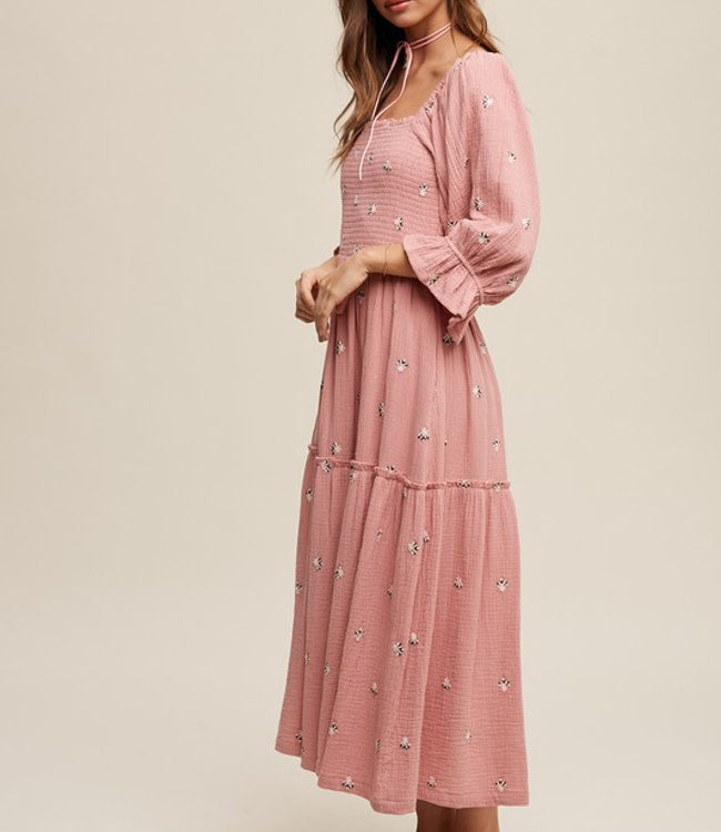 Floral Embroidery Puff Sleeve Maxi Dress - Deep Rose