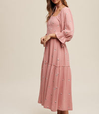 Floral Embroidery Puff Sleeve Maxi Dress - Deep Rose