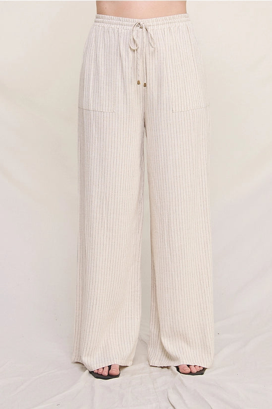 Curvy Size Striped Linen Smock Waist Pants: Natural