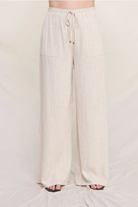 Curvy Size Striped Linen Smock Waist Pants: Natural