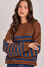 LOOSE FIT STRIPE FALL CREW NECK SWEATER TOP: BROWN/BLUE