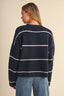 STRIPED BUTTON DOWN  KNIT CARDIGAN: NAVY