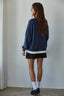 Knit Cotton Polyester Crew Neck Sweatshirt Top: Navy