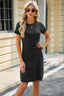 Ruched Round Neck Short Sleeve Mini Dress - Black