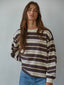 Knit Cotton Multi Striped Crew Neck Long Sleeve Top