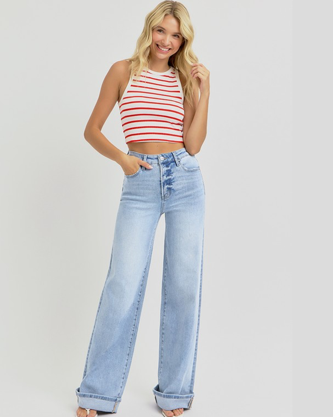 Kollyns Tummy Control High Rise Wide Cuffed Jeans