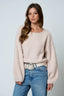 LONG SLEEVE FUZZY KNIT PULLOVER SWEATER: LIGHT KHAKI