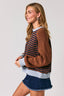 STRIPE PULLOVER WITH SWEATER SLEEVES: BROWN-NAVY