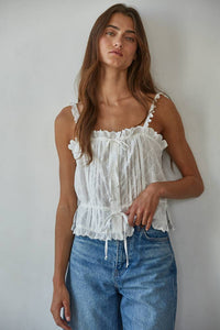 Woven Cotton Eyelet Button Down Square Neck Top: White