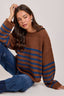 LOOSE FIT STRIPE FALL CREW NECK SWEATER TOP: BROWN/BLUE