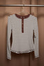 Striped Contrast Trim Henley Long Sleeve Top: BROWN-H GREY