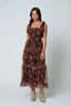 FLORAL CHIFFON TIE STRAP RUFFLED TIERED MIDI DRESS: BROWN MULTI