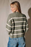 Striped Mock Neck Cable Knit Button Cardigan: OLIVE-CREAM STRIPE