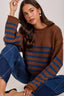 LOOSE FIT STRIPE FALL CREW NECK SWEATER TOP: BROWN/BLUE