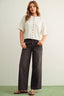 BUTTON DOWN ROUND NECK HALF SLEEVE TOP: WHITE